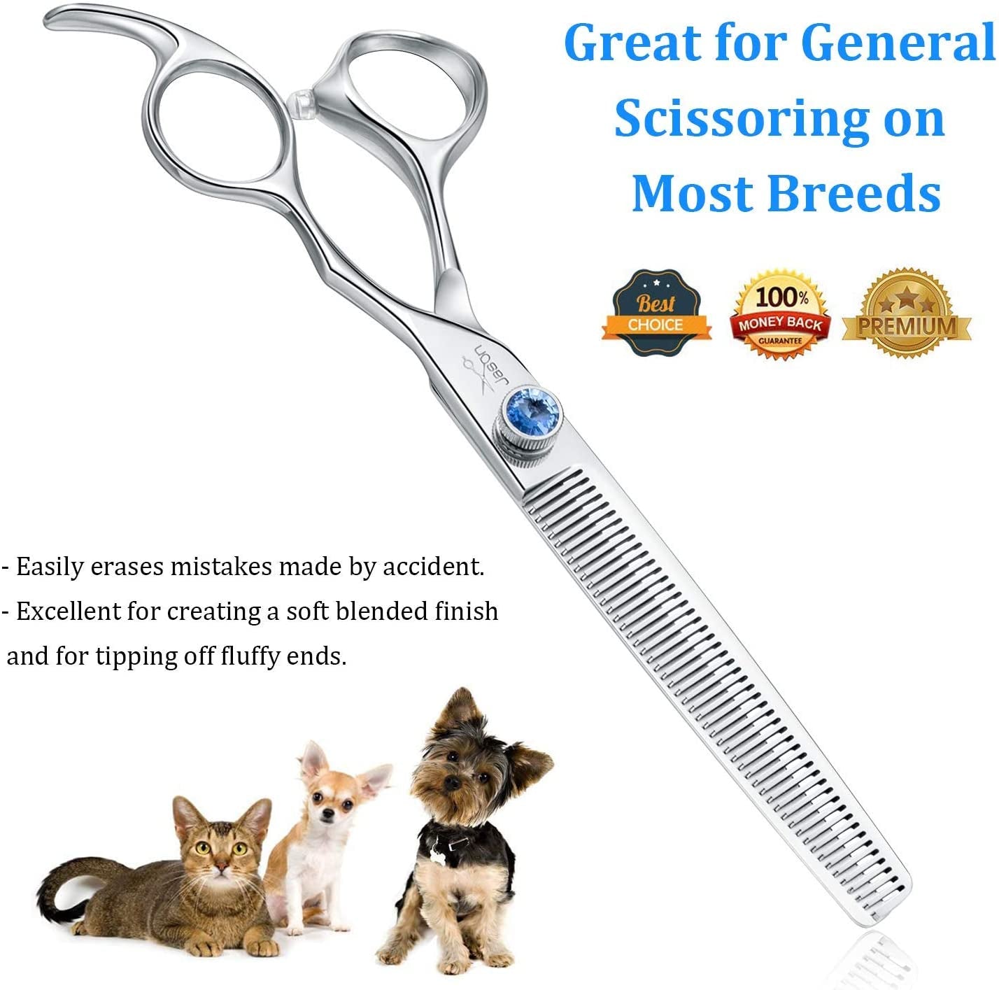 Dog Grooming Thinning Blending Scissor, Ergonomic Pet Grooming Thinner Blender Shears Cat Trimming Texturizing Kit with Offset Handle and a Jewelled Screw
