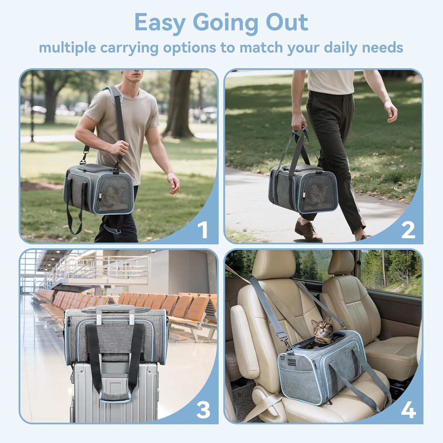 Expandable Cat Carriers Airline Approved, 16"X10"X9" Small Dog Carrier Soft-Sided Portable Washable Pet Travel Carrier with Two Extension for Kitten,Rabbit, Puppy, Small Animal