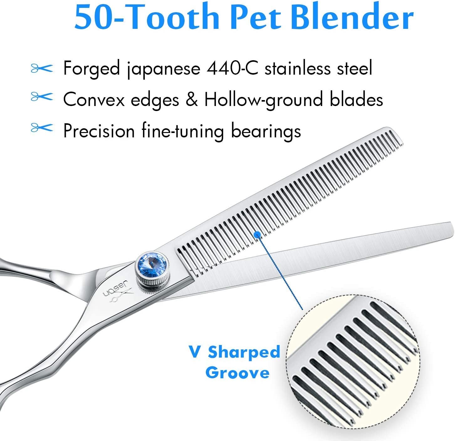 Dog Grooming Thinning Blending Scissor, Ergonomic Pet Grooming Thinner Blender Shears Cat Trimming Texturizing Kit with Offset Handle and a Jewelled Screw
